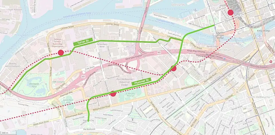 Map showing the two proposed extensions of the tram network through Fishermans Bend
