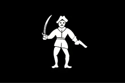 Pirate flag of Philip Lyne described as “their Black Silk Flagg before them, with the Representation of a Man in full proportion, with a Cutlass in one Hand and a Pistol in the other”[25]