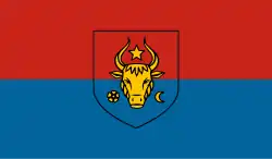 Proposed flag by the Russophile, anti-Unionist Party of Communists of Moldova in order to replace the current flag, similar to the flag and coat of arms of the Duchy of Bukovina (2010)