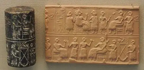 Cylinder seal of Queen Puabi, found in her tomb. Inscription 𒅤𒀀𒉿 𒊩𒌆Pu-A-Bi-Nin "Queen Puabi".[18][19][20] The last word "𒊩𒌆" can either be pronounced Nin “lady”, or Eresh “queen”.[21]