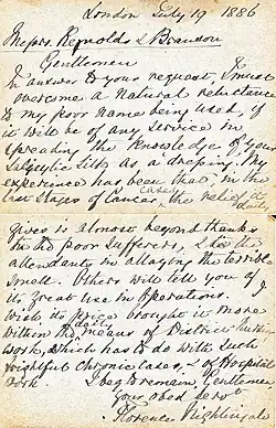 Letter from Nightingale for an antiseptic.