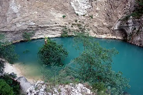 Fontaine-de-Vaucluse, karst spring of the Sorgue, characterised by an upward movement of water from the depth of over 315 metres (1,033 ft)