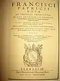 "The New Universal Philosophy" (Latin: "Nova de universis philosophia") - title page; published in Ferrara in 1591