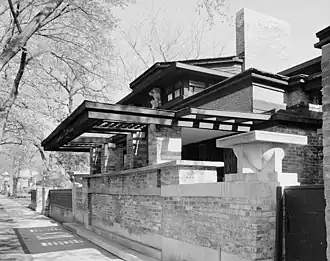 Black-and-white image of the Frank Lloyd Wright Home and Studio's exterior