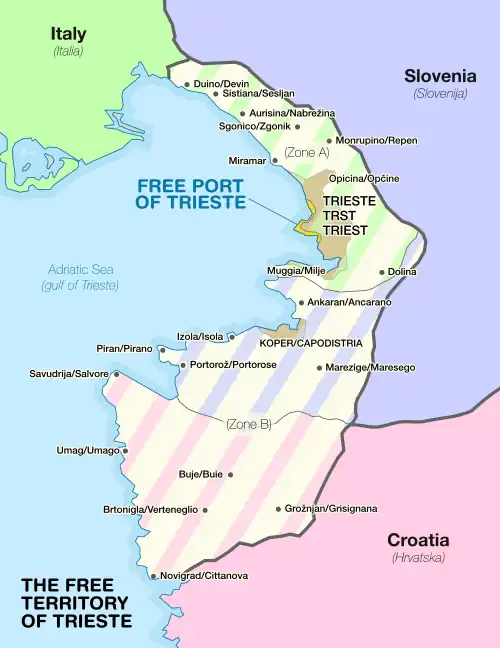 Zone A (the green area and a small part of purple area) and Zone B (the pink and most of the purple area), indicating how the territory's control was split following its dissolution (green to Italy, pink to the Socialist Republic of Croatia, purple to the Socialist Republic of Slovenia)