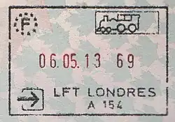 Entry stamp into the Schengen Area issued by the French Border Police at St Pancras International station. ('LFT' stands for 'Liaison fixe transmanche' (literally: cross-Channel fixed link))
