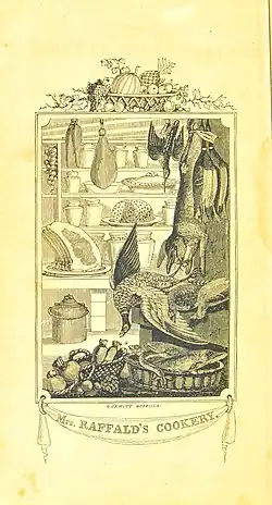 Decorative frontispiece showing a well-stocked larder, with hams and game hanging, and shelves with puddings, joints and pies