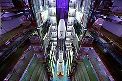 Top view of a fully Integrated GSLV-F08 inside the Vehicle Assembly Building.