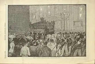 An etching of the scene of Miss Fanny Parnell’s funeral parade found in the periodical. The scene shows the mourning carriage with mutes sitting atop of it walking behind soldiers with a crowd watching.