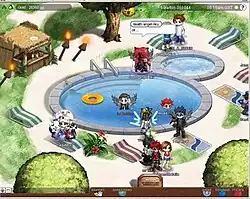 Screenshot of Gaia Towns gameplay. Avatars are in and around a pool. One user is sending a chat message.