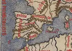 Pirrus de Noha's map (1414) where Galicia occupies the northwestern Iberia.