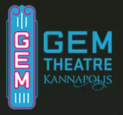Vertical blue drawing of the building marquee to the left with "Gem Theater Kannapolis" written to the right