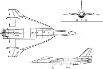 Orthographically projected diagram of an F-16XL