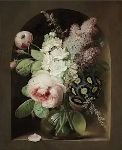 Roses, hyacinth and other flowers in a glass vase in a stone niche (G.F.Ziesel)
