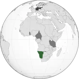 Green: German South West Africa Dark gray: Other German colonial possessions Darkest gray: German Empire (1911 borders)