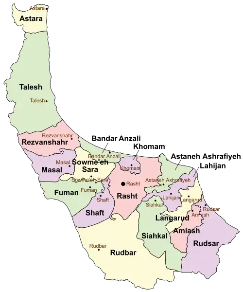 Location of Langarud County in Gilan province (right, yellow)