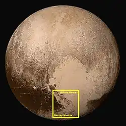 Pluto – location of Hillary Montes and Norgay Montes (context; 14 July 2015).