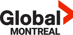 At right, a red arrow with the top part larger than the bottom and no stem. To the left, the word Global in black, with the word Montreal in black below it in smaller text and in all caps.