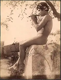 Sicilian Boy, a photograph by Wilhelm von Gloeden. Inspired Hans Christiansen's cover for Vol. I, No. 30 (1896). In a style reminiscent of the Lebensreform