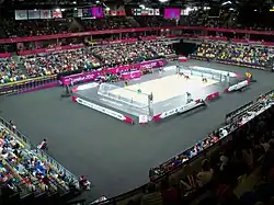 Australia goalball women throwing to Canada women, Copper Box, London 2012 Paralympic Games (Sep 2012).