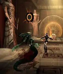 Two video game characters fight in a brown-colored room with mystical symbols.