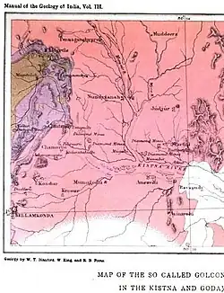 Golconda diamond mines map (left) with locations of mines