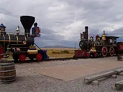 The current site of the Golden Spike National Historic Site, with replicas of No. 119 and the Jupiter facing each other to re-enact the driving of the Golden Spike