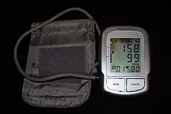 Automated arm blood pressure meter showing arterial hypertension.
