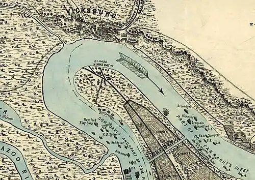 A map, with the city of Vicksburg, Mississippi at the top. Below Vicksburg is the Mississippi River, shown in approximately the shaped of an inverted U. Across the spit of land within the U is Grant's Canal.