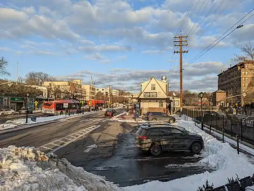 The station's parking lot, looking towards the station house.