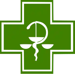 Green cross and Bowl of Hygieia used in Europe (with the exception of Germany and Austria) and India