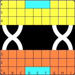 9×3 player areas, two "X" bridges [25-piece game]