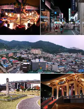 Above: Badhoe Pojangmacha Street Restaurant, Geumnamo Shopping district Middle: Panorama view of resident area of Gwangsan District Bottom: Gwangju Folk Museum, Democracy Bell in Denman Estate Park (All items are left to right)