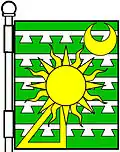 a gyron—Vert five barrulets dovetailed on the lower sides Argent, in dexter base a gyron voided of the field in sinister chief a crescent over all at centre point the sun in his splendour all Or.—Green, Scotland