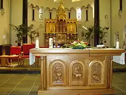 Interior close-up view of the sanctuary facing east