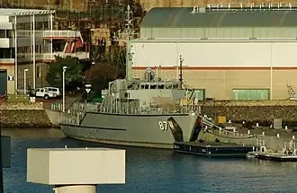 Huon-class minehunter HMAS Yarra docked at Waterhen in February 2008.