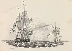 Drawing showing Hyperion at sea chasing the brig Rattlesnake; Hyperion is trailing behind Rattlesnake and the two ships are firing cannon at each other