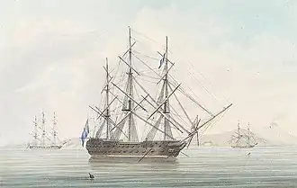 Left to right: HMS Revolutionnaire, HMS Rochefort and HMS Race Horse during the internment of Sir Thomas Freemantle on 22 December 1819, at Baia Bay, Naples