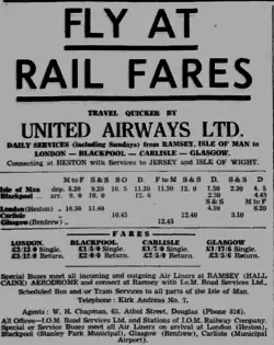 A photograph of United Airways Timetable to and from Hall Caine Airport, summer 1935