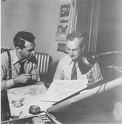 Harris Levey (aka Lee Harris), on left with pencil. Circa 1946