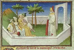 Hassan al-Sabbah (right) depicted with his followers, in the first edition of The Travels of Marco Polo, c. 1310