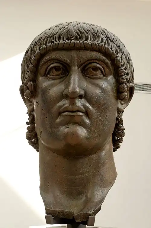 Image 34Head of Constantine the Great, part of a colossal statue. Bronze, 4th century, Musei Capitolini, Rome. (from Culture of ancient Rome)