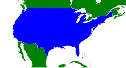 The contiguous United States are shaded in blue on this map of northern North America