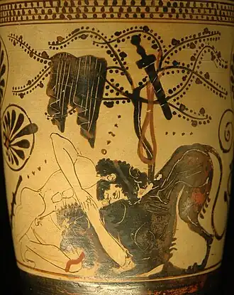White-ground lekythos, ca. 500-475 BC, from Athens, by Diosphos Painter. Currently held in the Louvre, Department of Greek, Etruscan and Roman Antiquities, Sully, 1st floor, room 39, case 5