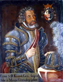 Hernán Cortés, with his coat of arms on the upper right corner. 17th c.