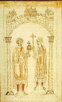 A miniature depicting a bearded man and a younger man facing each other