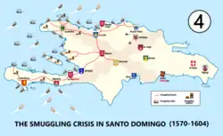Situation of the smuggling crisis on the island of Hispaniola or Santo Domingo 1570-1604 - Smugglers liked to operate in the western part of Hispaniola away from Santo Domingo, the island's capital city, because that was where the royal accountants and auditors were based.