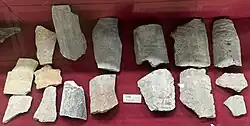 Ceramic fragments laid out on a red cloth surface in a glass case