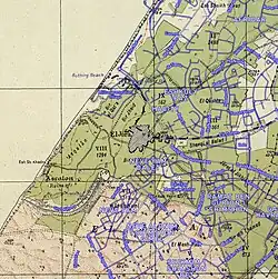 En Nabi Hsein can be seen in the grounds of the Barzilai Medical Center; this image overlays the modern Israeli city of Ashkelon (blue) on a 1940s Survey of Palestine map