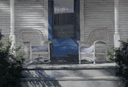 gorgeous oil painting, close-up of white house porch with blue door, wicker chair and rocking chair, both empty; with steps in front and dark green bushes to sides